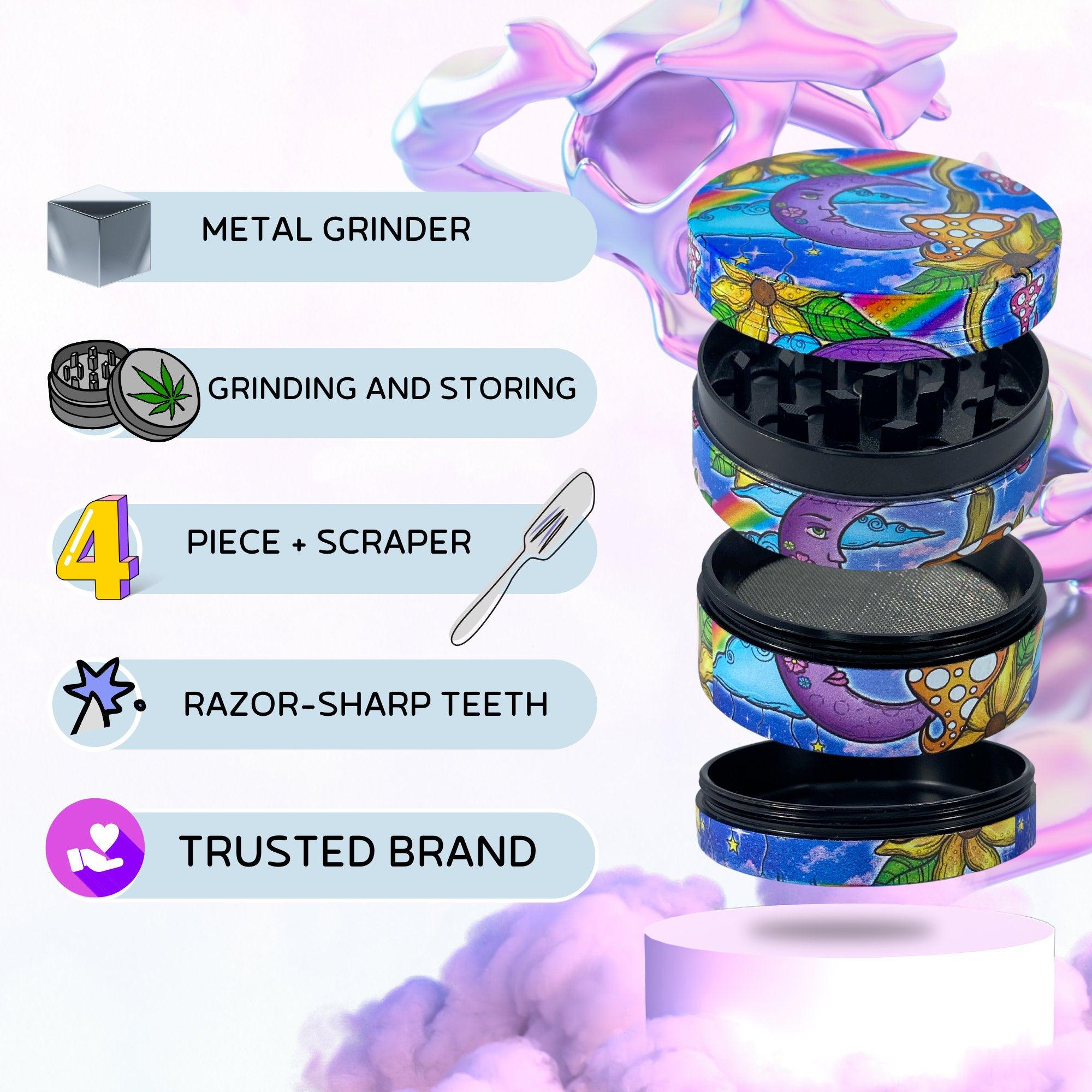 Weed Grinder | Moon Mushroom, Rainbow, marijuana grinders, weed accessories, 4 piece grinder, metal grinder, cannabis, Flowers, Trippy Girly