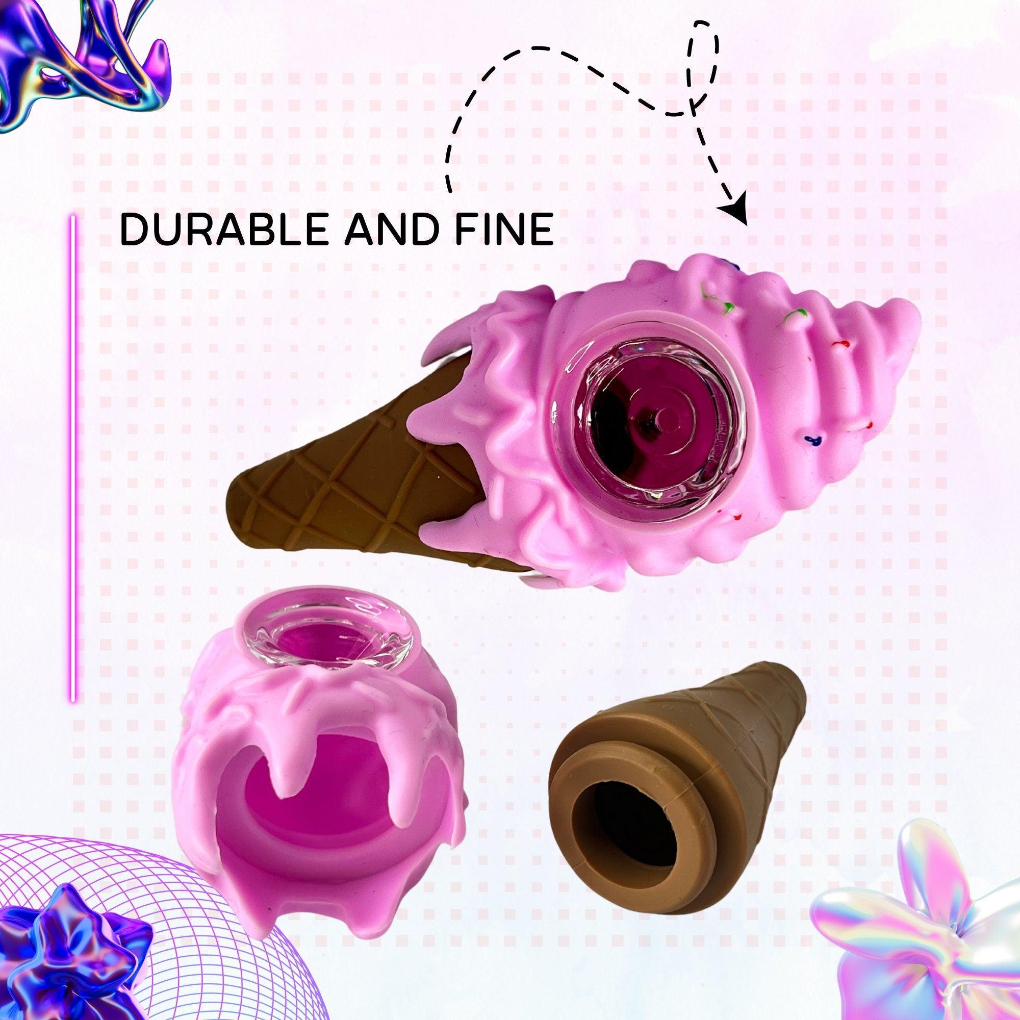 Kawaii Ice Cream Silicone Pipe: Unbreakable Collectible Pipe, Cute Smoking Pipe + Glass Bowl Pocket Size Pipe, Girly Pipe, 420 Cool Pipe