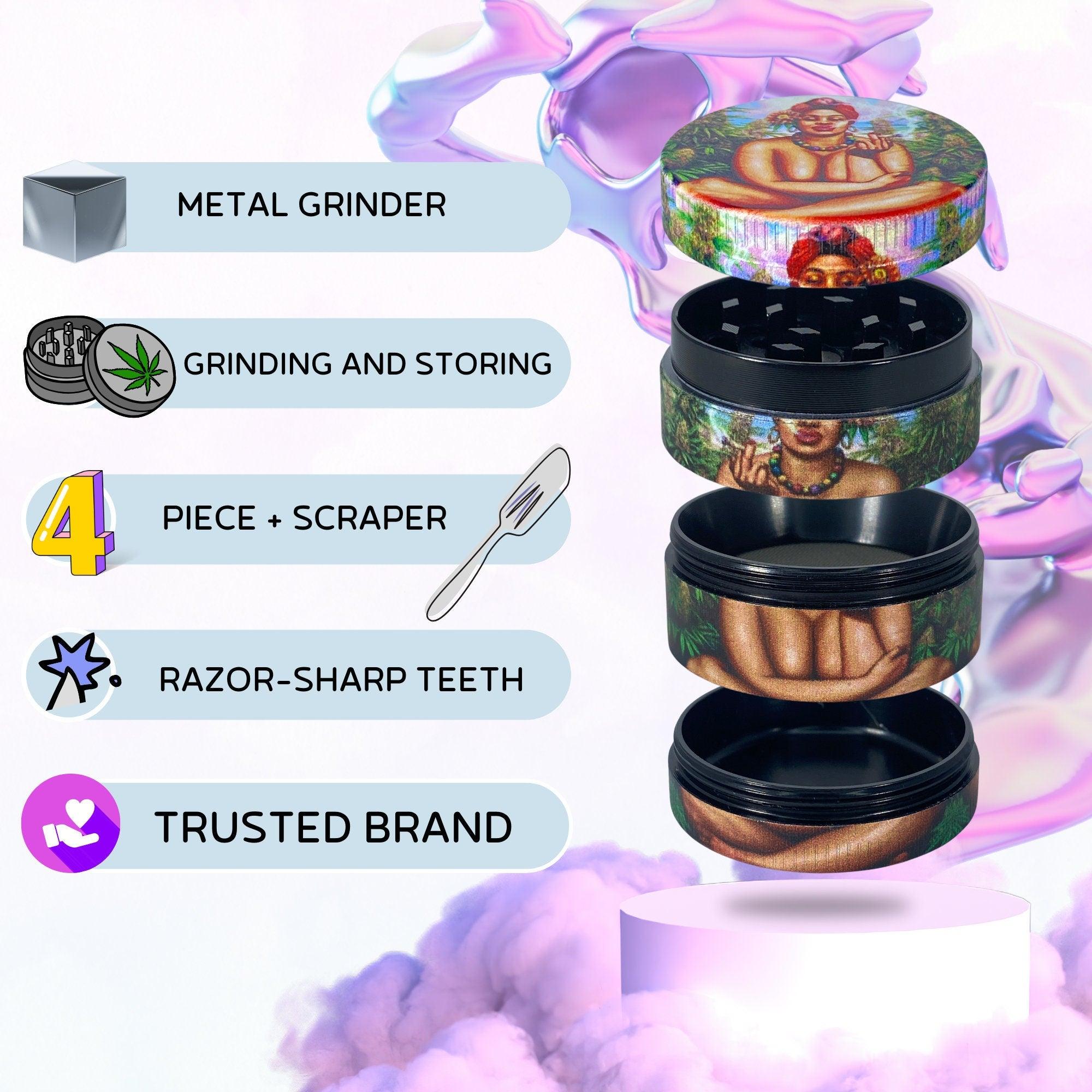Weed Grinder | African Cool Funny, Men marijuana, cannabis grinders, accessories, 4 piece,fine cannabis, Frida Kahlo, Trippy Herb Girly bong