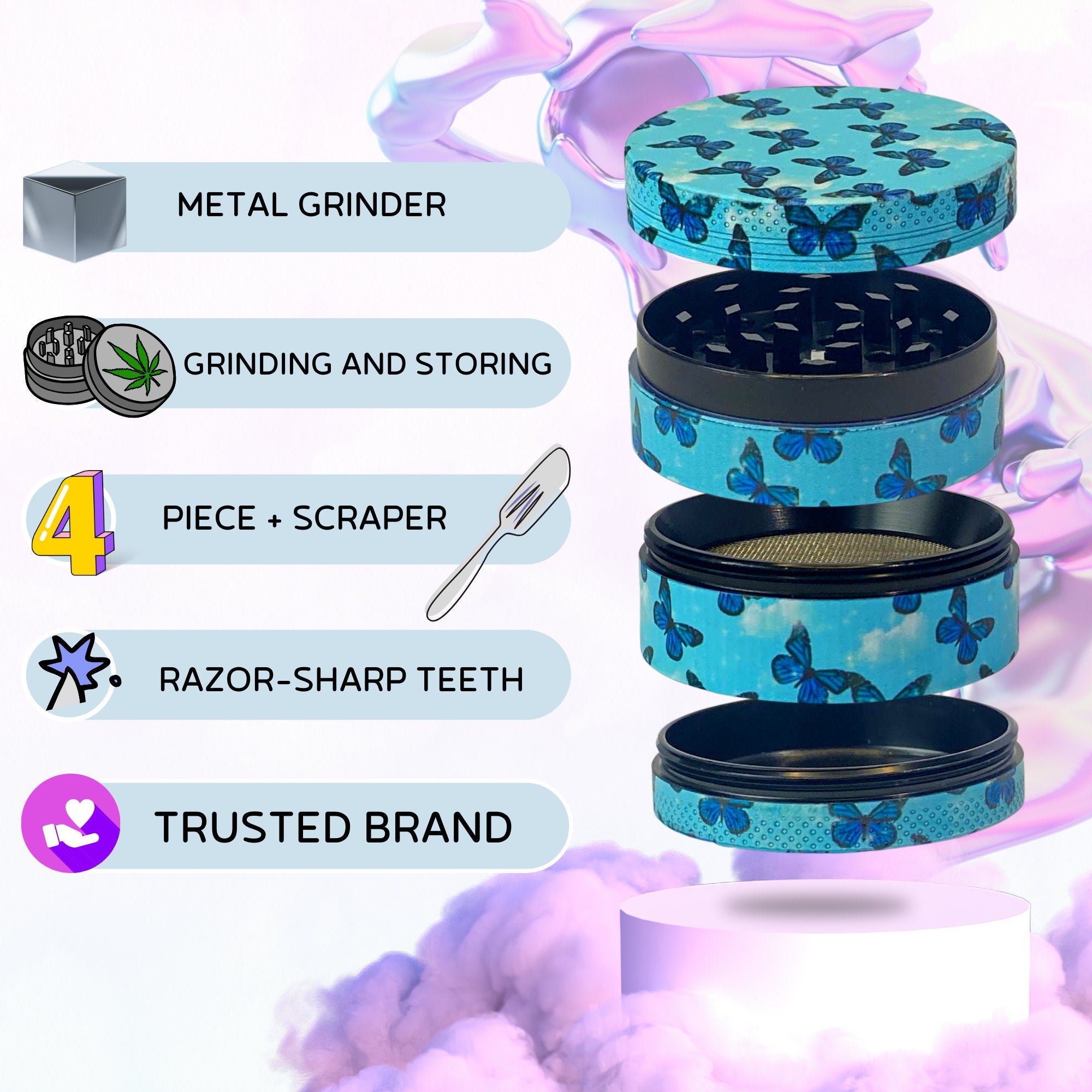 Kawaii Grinder: Butterfly cannabis grinder, weed accessories, 4 piece grinder, Blue Herb grinder, Girly Grinder, High grinder, 420 Grinder